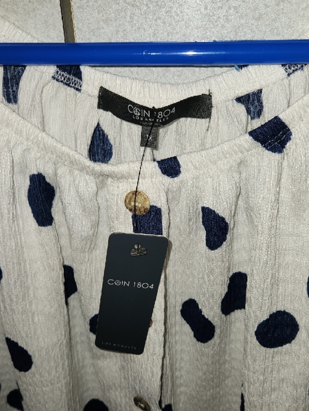 Polka Dot Off-Shoulder Blouse in White with Navy Dots - Picture 4 of 4